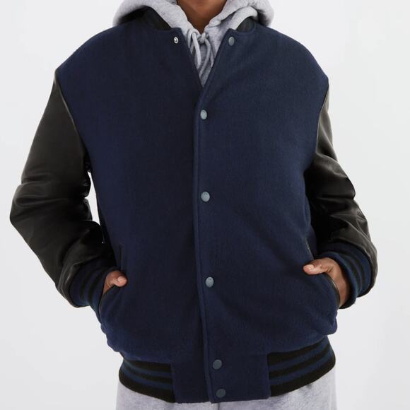 Aritzia TNA Total Eclipse Blue Prince Varsity Bomber Leather Sleeve Jacket - Picture 1 of 13